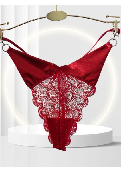 Yılbaşı Özel V Kesim Yanları Parlak Kumaşlı Halka Detaylı Arkası Kurdele Detaylı Kırmızı String modelleri