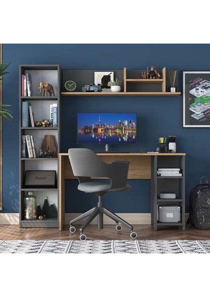HA125 Kitaplıklı Raflı Çalışma Ofis Bilgisayar Masası Antrasit - Sepet Ceviz modelleri