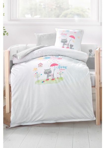 Bebek 4'lü Uyku Seti %100 Pamuk 100X135CM Gri Spring Rain -Nevresim Takımı- 70X140 Lastikli Çarşaf