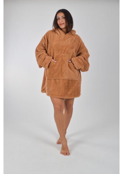 Welsoft Kapüşonlu Giyilebilir Tv Battaniyesi Unisex Peluş Oversize Panço Sabahlık