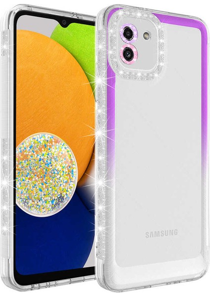 Galaxy A03 Kılıf Simli ve Renk Geçiş Tasarımlı Lens Korumalı Akre Park Kapak-Mor-Beyaz