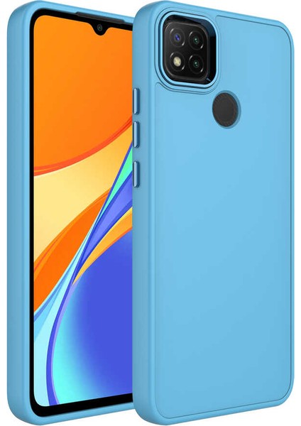 Xiaomi Redmi 9c Kılıf Metal Çerçeve ve Buton Tasarımlı Silikon Akre Luna Kapak-Sierra Mavi