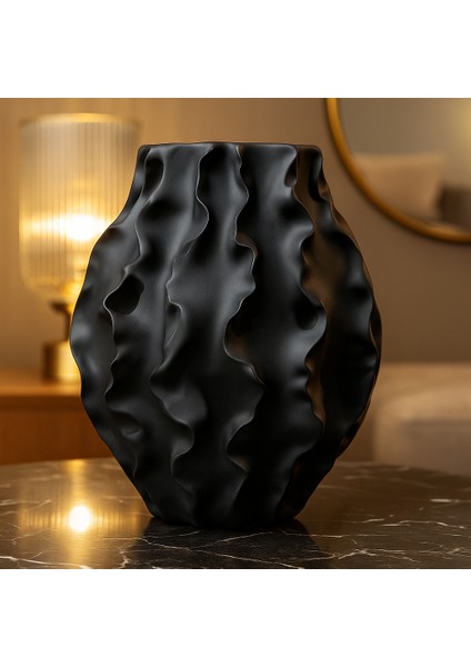 Dekoratif Dalgalı Modern Vazo - Siyah
