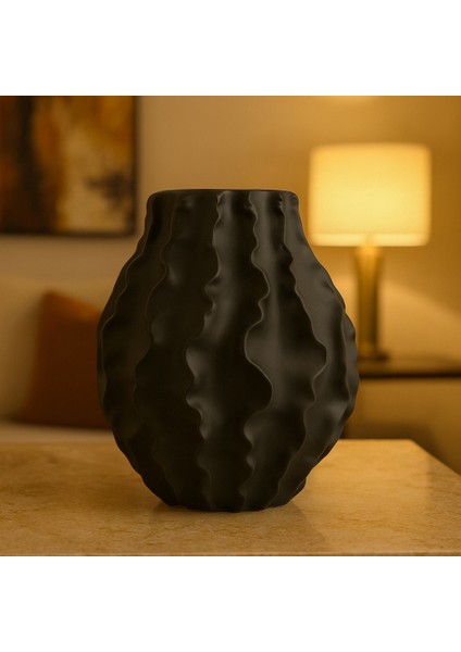 Dekoratif Dalgalı Modern Vazo - Siyah fiyatları