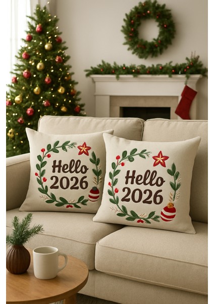 45X45 cm Nakışlı Kalın Kumaş Yeni Yıl Temalı 4'lü Kırlent Kılıfı – Hello 2026 – Dekoratif Yastık Kılıfı