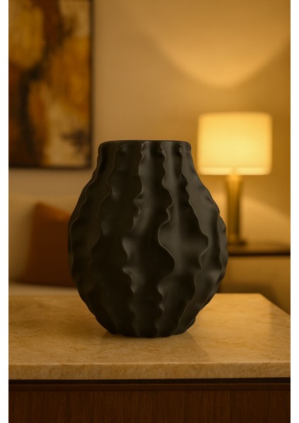 Dekoratif Dalgalı Modern Vazo - Siyah fırsatları