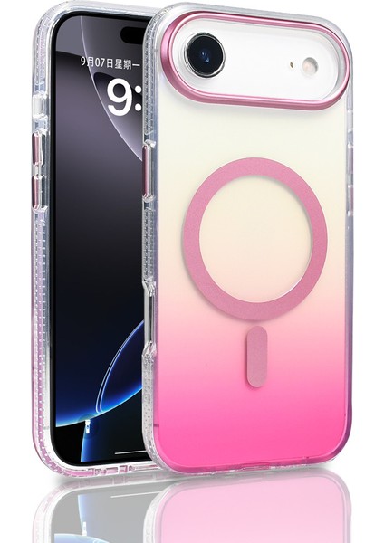 iPhone 17 Air Kılıf M-Safe Şarj Özellikli Transparan Renk Geçişli Akre Toros Kapak - Rose Pembe