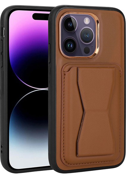 iPhone 14 Pro Max Uyumlu Kartlıklı Standlı ​pu Deri Akre Memo Kapak-Kahverengi