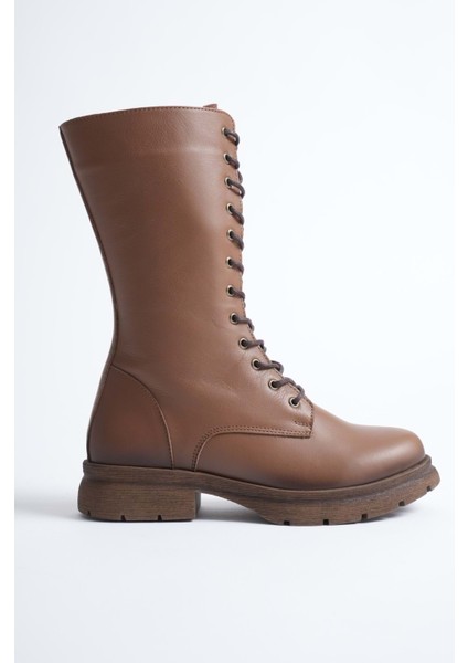 Kadın Hakiki Deri Fermuarlı Bağcıklı Postal Bot - Ceviz