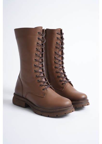 Kadın Hakiki Deri Fermuarlı Bağcıklı Postal Bot - Ceviz fiyatları