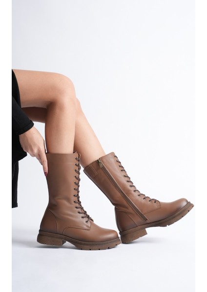 Kadın Hakiki Deri Fermuarlı Bağcıklı Postal Bot - Ceviz modelleri