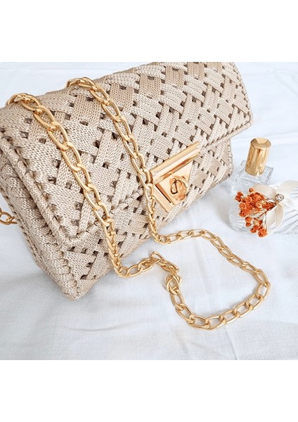 Kanvas Örgü Omuz Çantası / Krem fiyatları