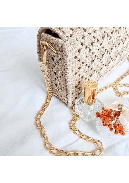 Kanvas Örgü Omuz Çantası / Krem indirimleri