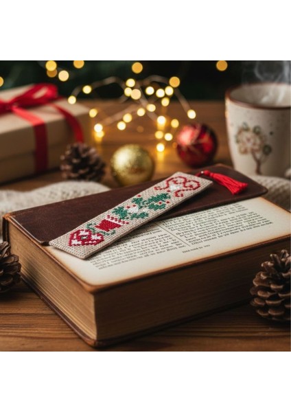 2460 El Yapımı Kanaviçe Işlemeli Noel Ağacı Temalı Kitap Ayracı