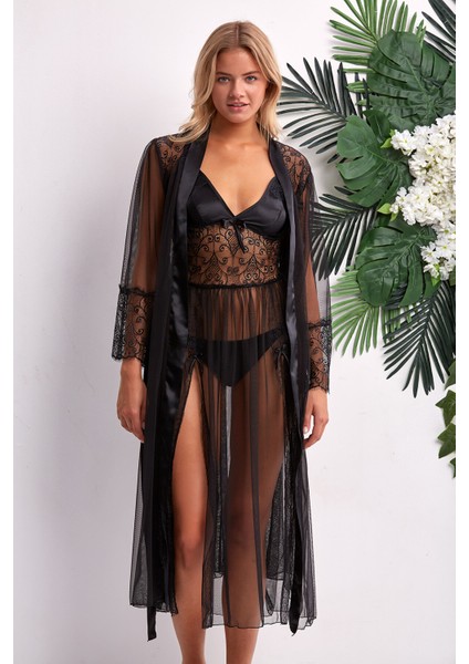 Siyah Transparan Gecelik Sabahlık Takım