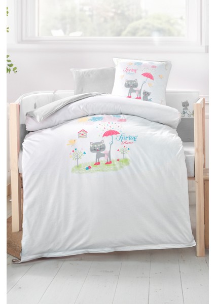 Bebek 4lü Uyku Seti %100 Pamuk 100X150CM Gri Spring Rain Nevresim Takımı 70X140 Lastikli Çarşaf