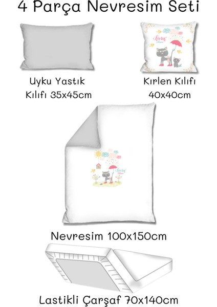 Bebek 4lü Uyku Seti %100 Pamuk 100X150CM Gri Spring Rain Nevresim Takımı 70X140 Lastikli Çarşaf modelleri