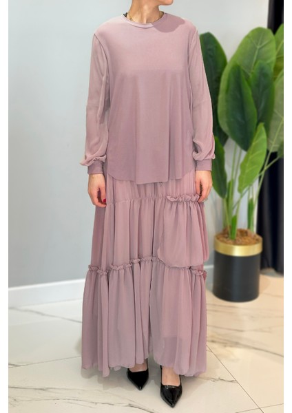 Kolu Şifon Eteği Fırfırlı ve Kraşlı Sandy Takım 5999 Pembe