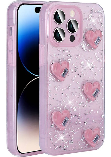 Apple iPhone 14 Pro Max Kılıf Airbagli Simli Arka Yüzey Akre Işıltı Silikon Kapak-Pembe