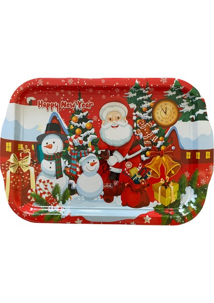 New Year Metal Sunum Tepsisi, Kırmızı Yılbaşı Kare Servis Tepsisi Noel Temalı Hediyelik Tepsi 35X20 cm