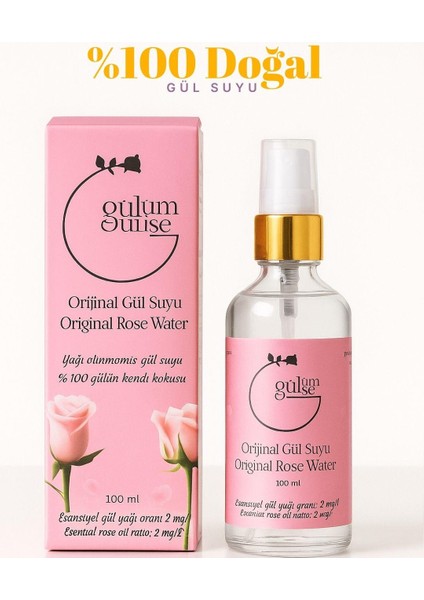 Gül Suyu Tonik Cam Şişe 100 ml %100 Saf ve Doğal Sprey Başlıklı (Rose Water)