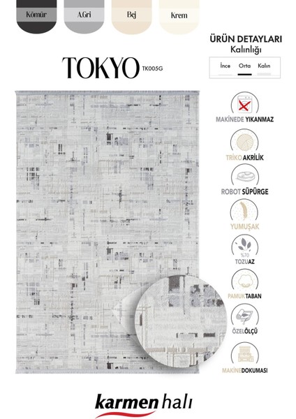Tokyo TK005G Gri Halı Antrasit Detaylı Modern Akrilik Halı Kaymaz Taban Tozuaz Salon Halısı Koridor