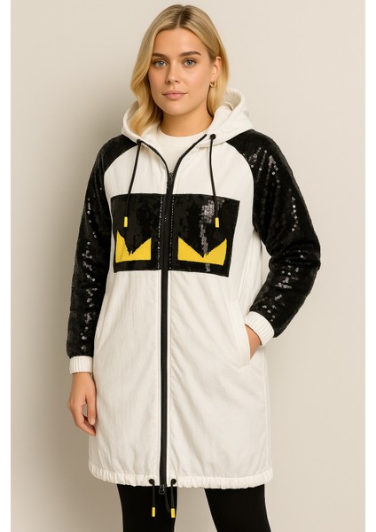 Kadın Kapüşonlu Pullu Paraşüt Kumaş Fermuarlı Beyaz Ceket | Penye Astarlı