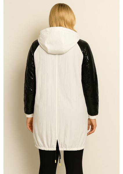 Kadın Kapüşonlu Pullu Paraşüt Kumaş Fermuarlı Beyaz Ceket | Penye Astarlı fiyatları