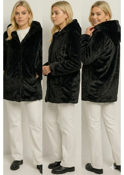 Kadın Kapüşonlu Peluş Siyah Mont | Astarlı – Cepli – Çıtçıt Kapamalı fiyatları