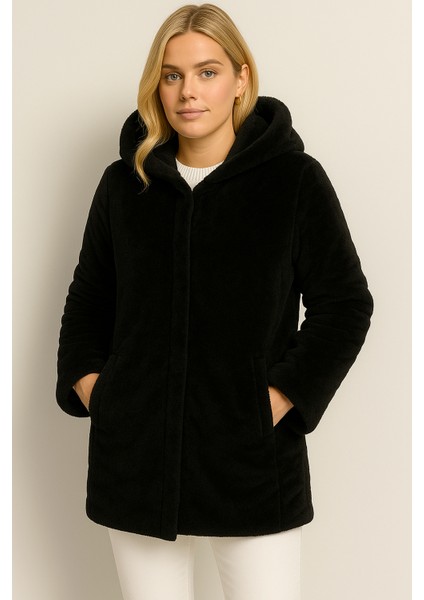 Kadın Kapüşonlu Peluş Siyah Mont | Astarlı – Cepli – Çıtçıt Kapamalı fırsatları