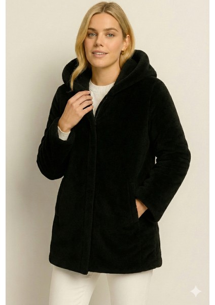 Kadın Kapüşonlu Peluş Siyah Mont | Astarlı – Cepli – Çıtçıt Kapamalı indirimleri
