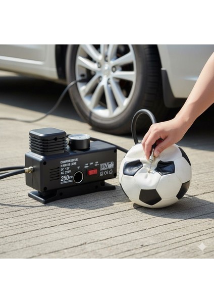 Buffer® 250 Psı Güçlü Taşınabilir Hava Kompresörü–araba, Motosiklet, Bisiklet ve Top Şişirme Için Elektrikli Fişli Çakmaklıklı Lastik Şişirme Pompası
