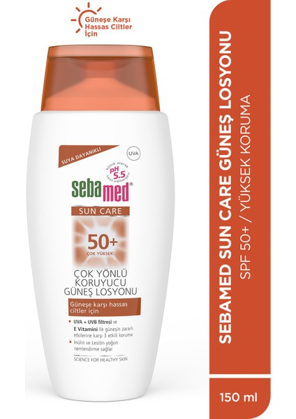 Sun Care SPF 50 Güneş Losyonu 150 ml – Hassas Ciltler İçin Paraben İçermeyen, Suya Dayanıklı Yüksek Koruma indirimleri