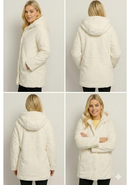 Kadın Kapüşonlu Peluş Ekru Mont | Astarlı – Cepli – Çıtçıt Kapamalı fiyatları