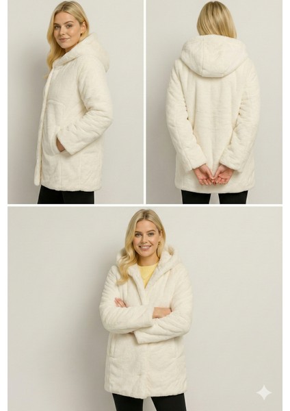 Kadın Kapüşonlu Peluş Ekru Mont | Astarlı – Cepli – Çıtçıt Kapamalı modelleri