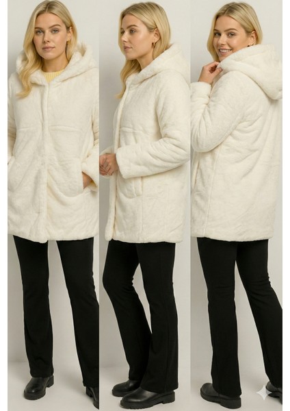 Kadın Kapüşonlu Peluş Ekru Mont | Astarlı – Cepli – Çıtçıt Kapamalı fırsatları