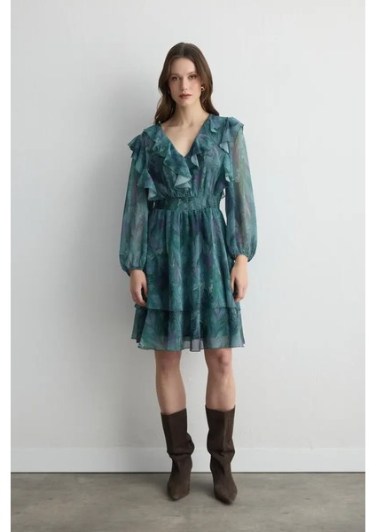 Anka Koleksiyonu Volanlı Şifon Elbise - Yeşil