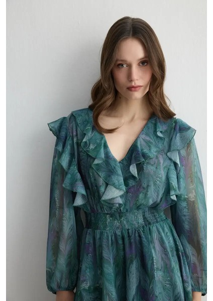 Anka Koleksiyonu Volanlı Şifon Elbise - Yeşil fiyatları