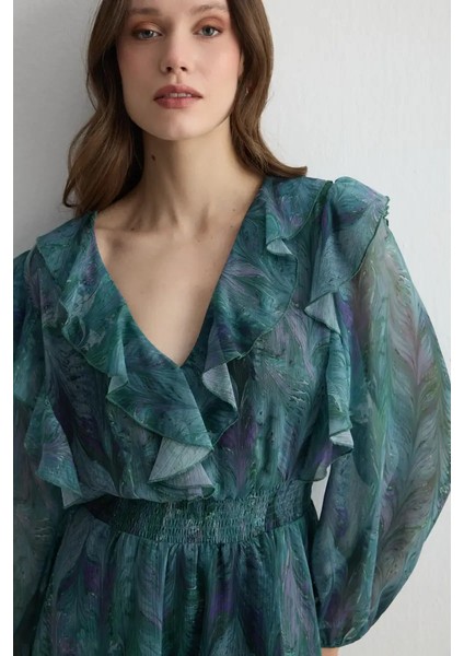 Anka Koleksiyonu Volanlı Şifon Elbise - Yeşil modelleri