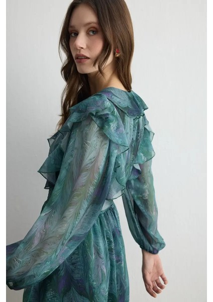 Anka Koleksiyonu Volanlı Şifon Elbise - Yeşil fırsatları