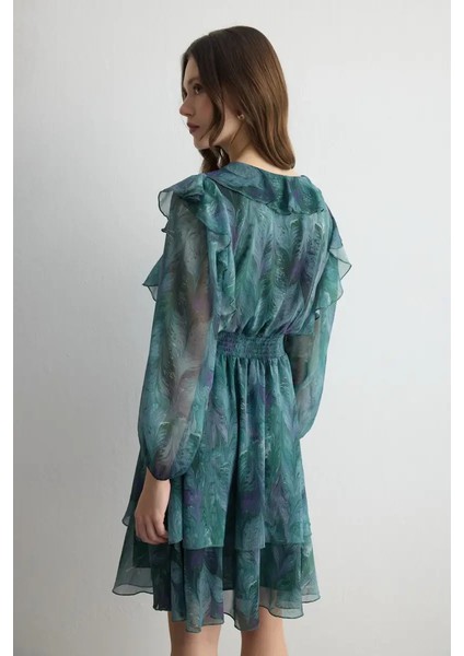 Anka Koleksiyonu Volanlı Şifon Elbise - Yeşil indirimleri