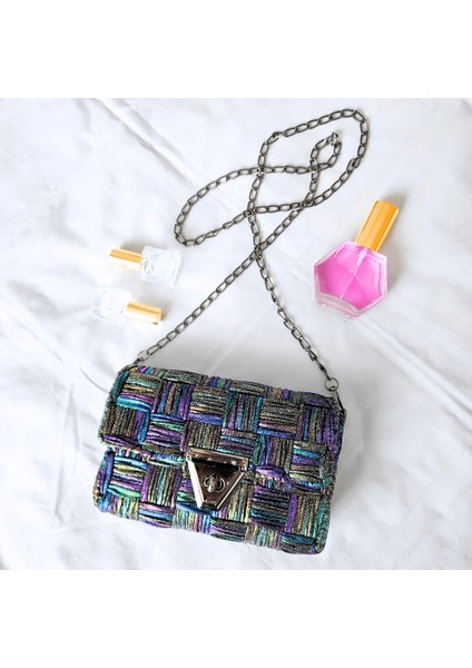 Kanvas Örgü Omuz Çantası/ Simli Siyah