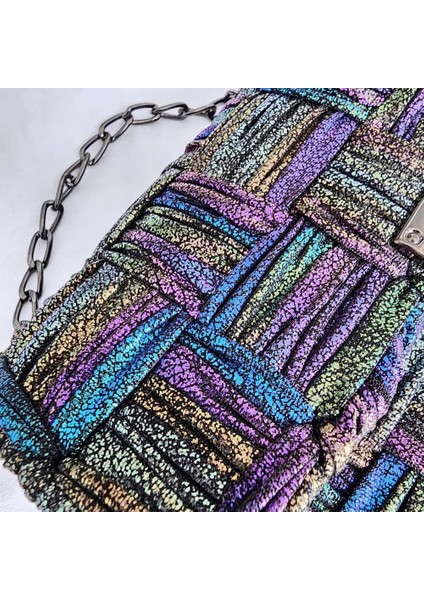 Kanvas Örgü Omuz Çantası/ Simli Siyah indirimleri