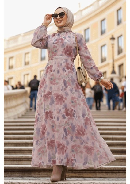 Çiçek Desenli Pudra Tesettür Elbise 27978PD indirimleri
