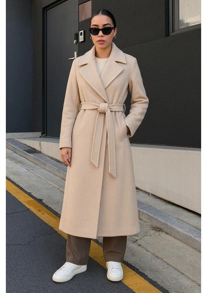 Kadın Trend Basic Uzun Kruvaze Krem Kaşe Kaban