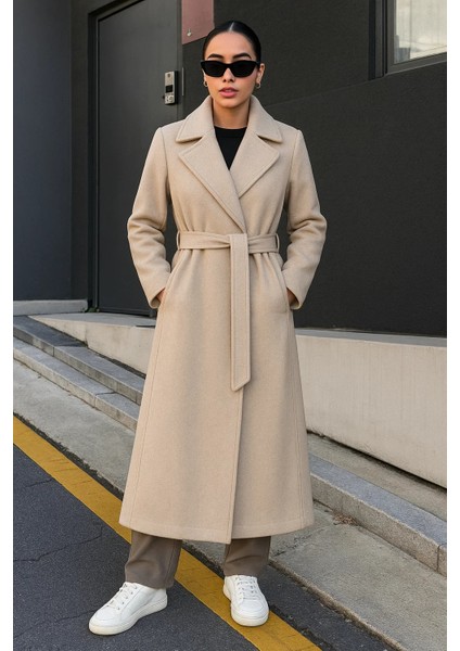 Kadın Trend Basic Uzun Kruvaze Krem Kaşe Kaban fiyatları