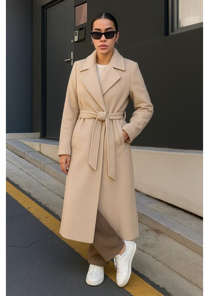 Kadın Trend Basic Uzun Kruvaze Krem Kaşe Kaban modelleri