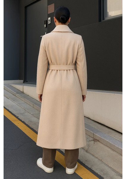 Kadın Trend Basic Uzun Kruvaze Krem Kaşe Kaban