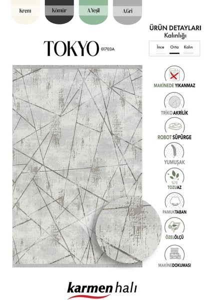 Tokyo 1703 Gri Halı Antrasit Detaylı Geometrik Desen Modern Akrilik Halı Kaymaz Taban Tozuaz