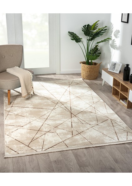 Tokyo 1753 Bej Halı Kahverengi Detaylı Geometrik Desen Modern Akrilik Halı Kaymaz Taban Tozuaz modelleri
